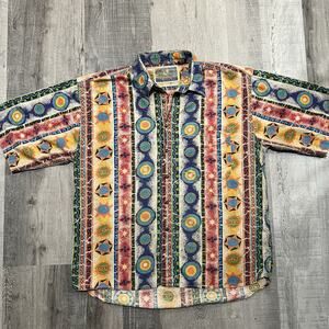 VTG Pier Connection Astrological Striped Colorful Boho Surf Button Beach Shirt